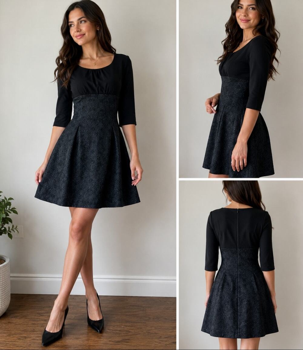 Gilles Montezen Black Brocade Half Sleeve Balloon Skirt Dress Women's Size 2